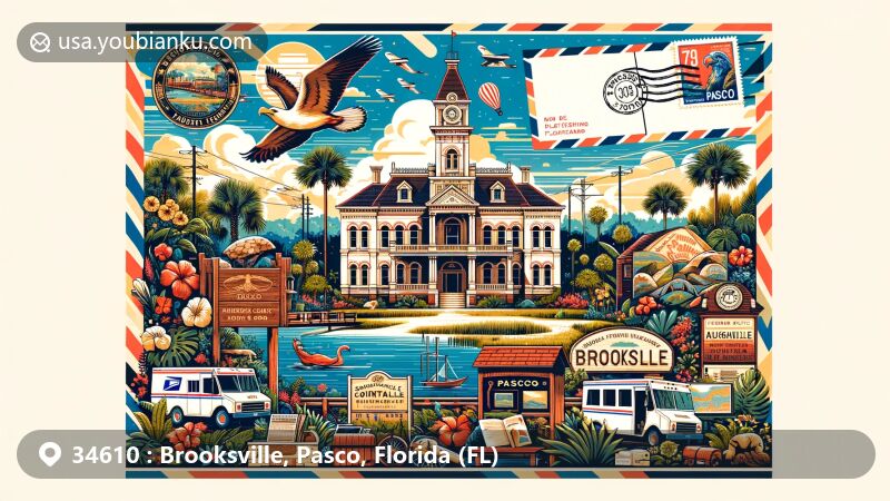 Modern illustration of Brooksville, Pasco, Florida, featuring ZIP code 34610, showcasing regional culture, historic landmarks like Hernando Courthouse, Augusta bricks, and local flora, with postal theme elements like vintage postcard layout and postage stamp.