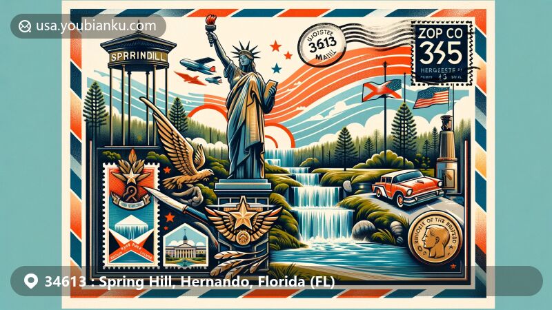 Modern illustration of Spring Hill, Hernando County, Florida, featuring postal theme with ZIP code 34613, showcasing Spring Hill waterfall, Mother Earth sculpture, and Florida's natural beauty.