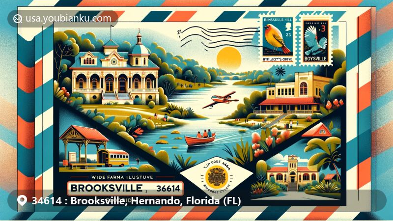 Modern illustration of Brooksville, Hernando, Florida, showcasing Chinsegut Hill Museum, Withlacoochee State Trail, and Boyett’s Grove within an airmail envelope, with postal elements like stamp and postmark for ZIP code 34614.