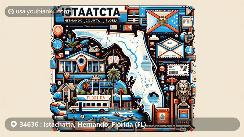 Modern illustration of Istachatta, Hernando County, Florida, featuring the ZIP code 34636, incorporating Florida state flag, Hernando County outline, and local symbols in a postal-themed design with postcard, stamps, postmark, mailbox elements.