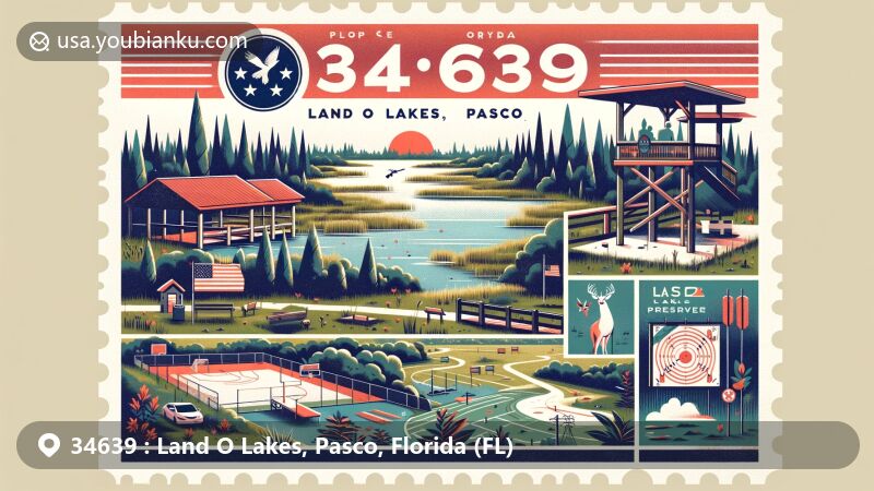 Modern illustration of Land O Lakes, Pasco County, Florida, showcasing Conner Preserve with sandhill ridges, cypress sloughs, and pine flatwoods, featuring wildlife like white tail deer and coyotes, and Tampa Bay Sporting Clays and Archery outdoor range.