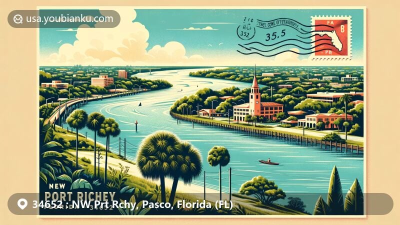 Vibrant illustration of New Port Richey, Pasco County, Florida, with ZIP code 34652, featuring Pithlachascotee River, The Hacienda, Florida state flag, and Pasco County outline.