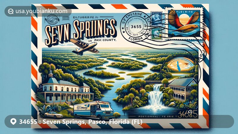 Modern illustration of Seven Springs, Pasco County, Florida, featuring a creative depiction of an airmail envelope with natural springs, Anclote River, and Florida state flag.