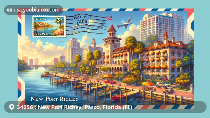 Modern illustration of New Port Richey, Pasco, Florida, showcasing postal theme with ZIP code 34656, featuring Hacienda Hotel and Pithlachascotee River.