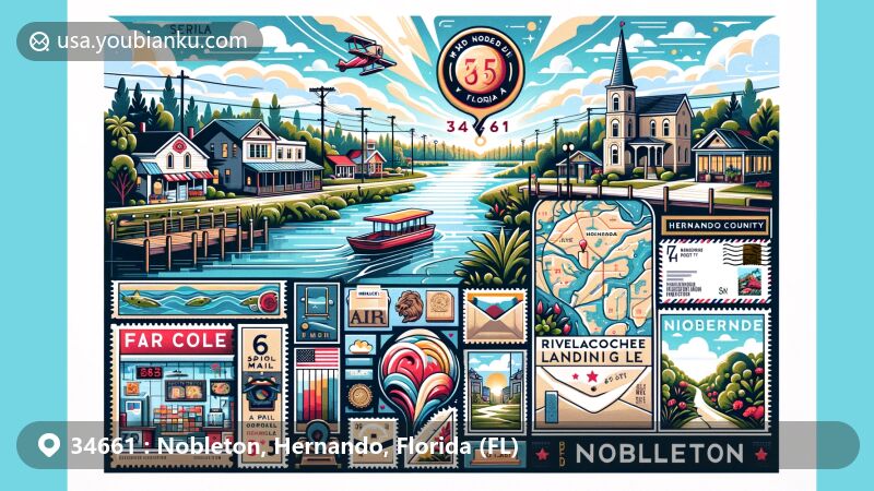 Modern illustration of Nobleton, Hernando County, Florida, featuring ZIP code 34661, Withlacoochee River, community vibe, River Oaks Landing gift shop, air mail elements, and Florida state flag.