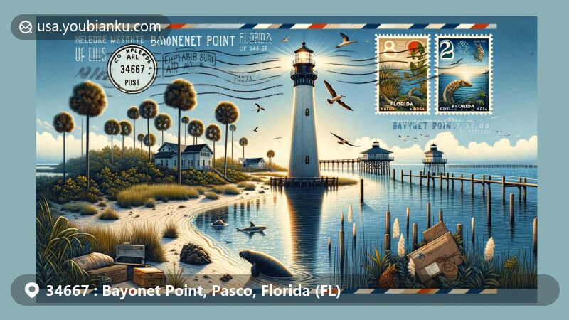 Contemporary illustration of Bayonet Point, Pasco County, Florida, showcasing Bayonet Point Lighthouse against Gulf Coast backdrop, symbolizing maritime heritage and natural beauty, including mangroves and wildlife. Features air mail envelope with vintage Florida stamps and postmark displaying ZIP code 34667.