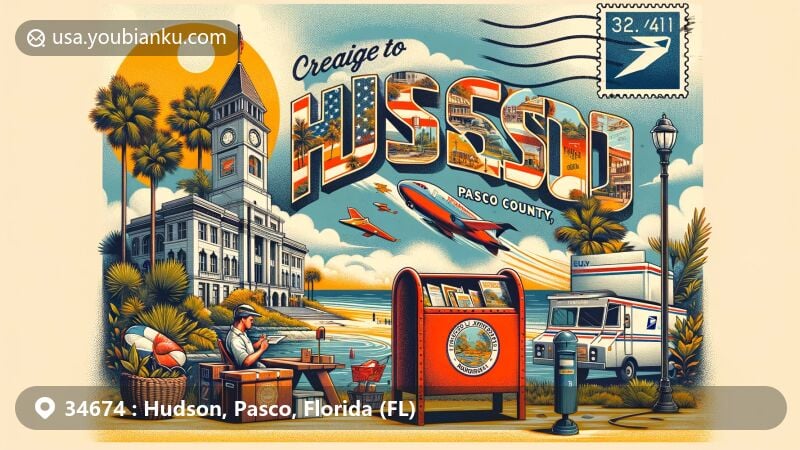 Modern illustration of Hudson, Pasco County, Florida, featuring postal theme with ZIP code 34674, showcasing Hudson Beach, Pasco County Courthouse, and Florida state symbols.