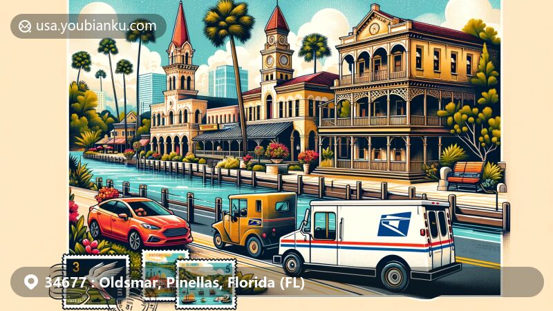 Modern illustration of Oldsmar, Florida, blending historical charm and natural beauty, featuring iconic architectural styles inspired by Ransom E. Olds, the Oldsmar Trail, and modern city conveniences, enhanced with creative postal elements.