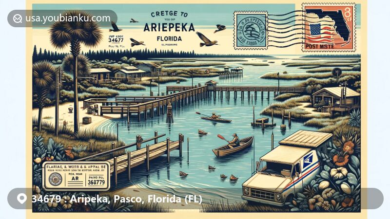 Modern illustration of Aripeka, Florida, featuring postal theme with vintage elements like a stamp, ZIP code 34679, and a postmark. Depicts the charm of a Gulf Coast fishing village with clear waters, fishing, and kayaking activities.