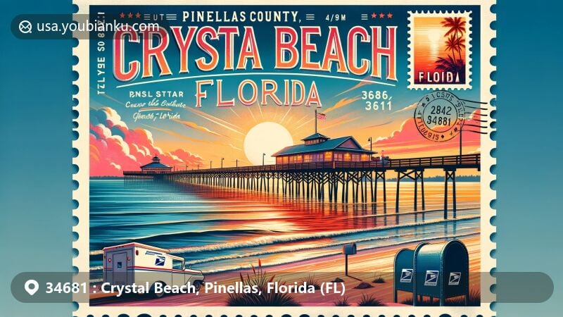 Modern illustration of Crystal Beach Pier, Pinellas County, Florida, capturing a tranquil sunset scene over the Gulf of Mexico with a postal theme around ZIP code 34681.