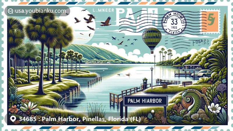 Modern illustration of Palm Harbor, Florida, showcasing lush green landscape and hilly terrain unique to Pinellas County, with a close proximity to water bodies, featuring John Chesnut Sr. Park as a prominent local landmark.