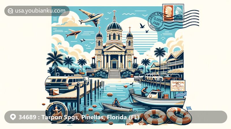 Modern illustration of Tarpon Springs, Florida, featuring St. Nicholas Greek Orthodox Cathedral, Sponge Docks, Gulf Coast shoreline, and Greek cultural elements.