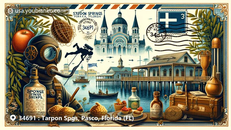 Modern illustration of Tarpon Springs, Pasco County, Florida, highlighting Greek heritage and sponge diving history, featuring Sponge Docks, St. Nicholas Greek Orthodox Cathedral, and cultural elements like olive branches and pastries.
