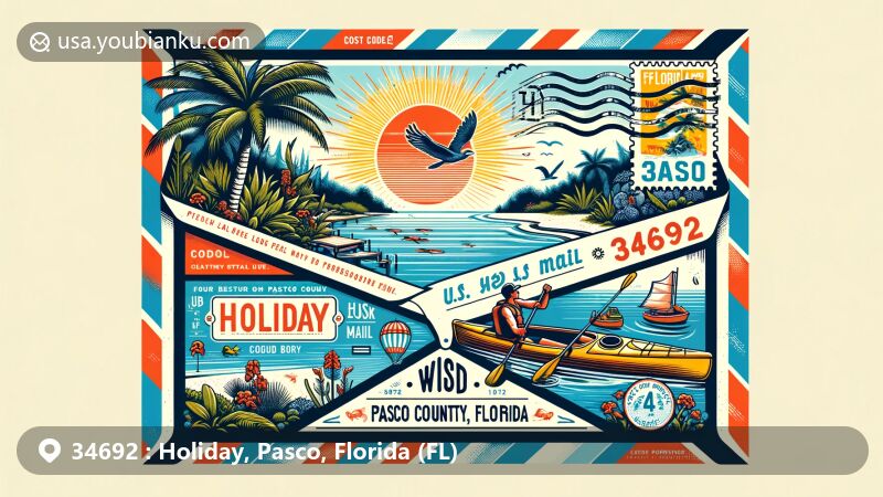 Modern illustration of Holiday, Pasco County, Florida, highlighting local features with vintage air mail envelope, showcasing lush nature, kayaking, and bird watching, symbolizing the natural beauty of Pasco County.