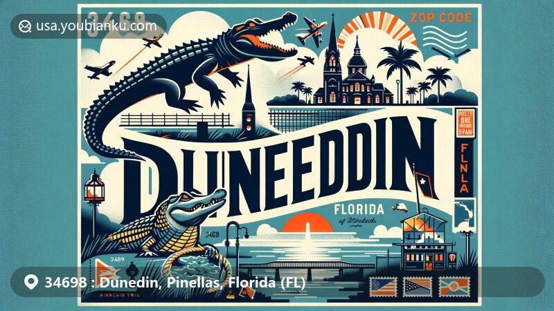 Modern illustration of Dunedin, Florida, showcasing postal theme with ZIP code 34698, highlighting Pinellas Trail, Florida state symbols, and historical landmarks.