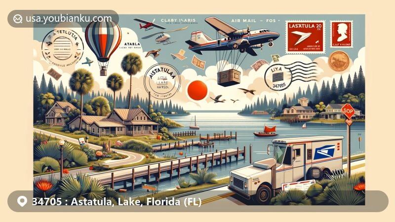 Modern illustration of Astatula, Florida, emphasizing scenic beauty and postal theme with ZIP code 34705, showcasing Little Lake Harris and Clay Island Trailhead.