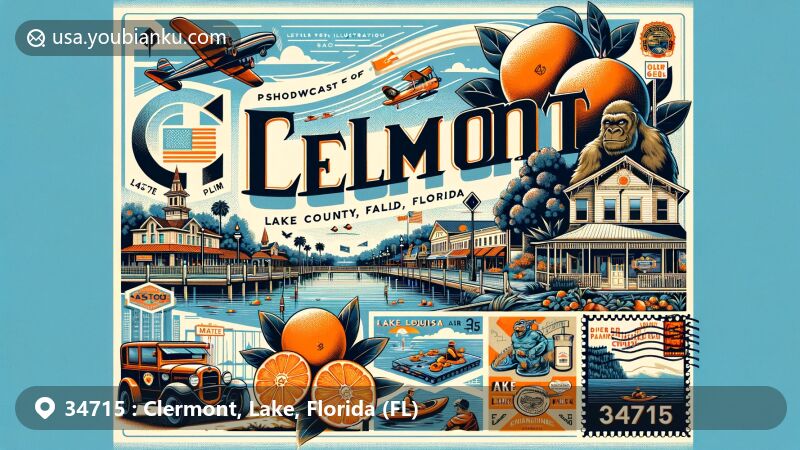 Modern illustration of Clermont, Lake County, Florida, highlighting postal theme with ZIP code 34715, showcasing Showcase of Citrus, Lake Louisa State Park, and historic downtown Clermont.