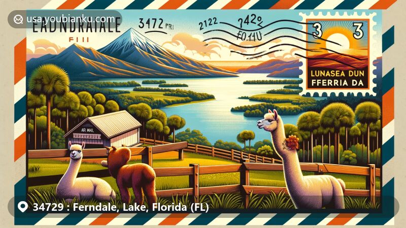 Modern illustration of Ferndale, Florida, highlighting LunaSea Alpaca Farm, Sugarloaf Mountain, and Lake Apopka, with a postal theme featuring ZIP code 34729.