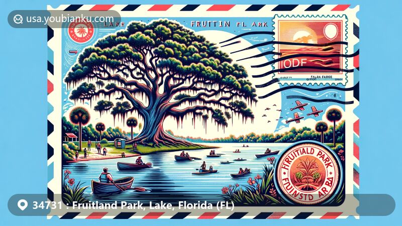Modern illustration of Fruitland Park, Lake County, Florida, showcasing natural beauty of Lake Griffin State Park with ancient Live Oak tree, boating activities, and iconic Florida symbols.