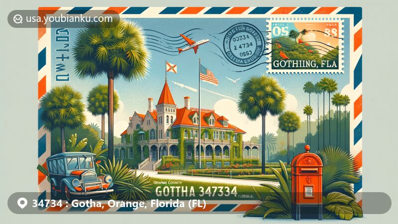 Modern illustration of Gotha, Orange County, Florida, featuring Nehrling Gardens and Florida state symbols with ZIP code 34734.