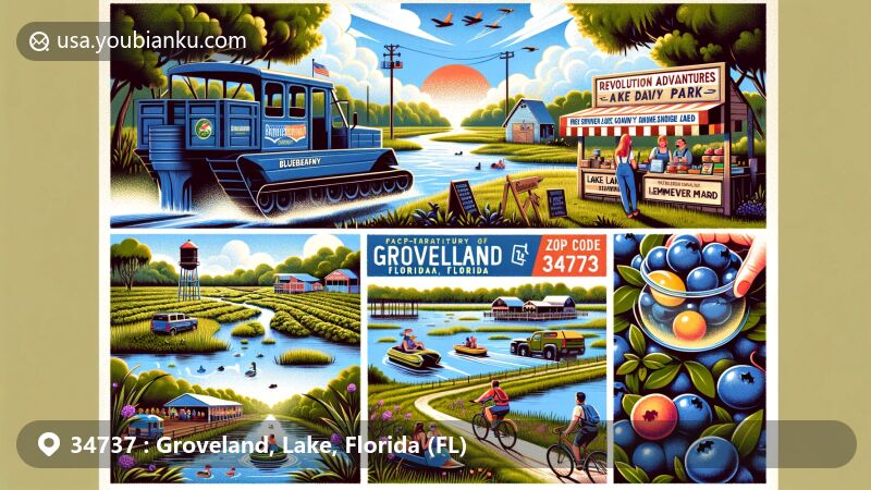 Vibrant illustration of Groveland, Florida, ZIP code 34737, highlighting blueberry farms, Lake David Park, Revolution Adventures, South Lake Trail, Lakeridge Winery & Vineyards, and postal theme.