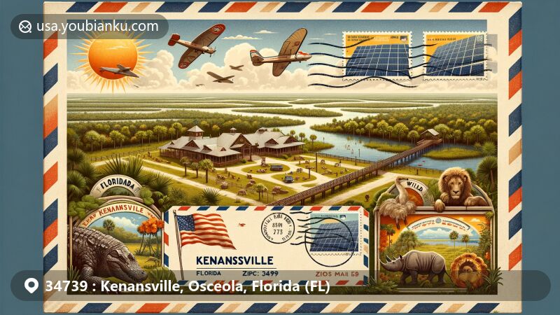 Creative depiction of Kenansville, Florida, presenting vintage air mail envelope with ZIP code 34739, featuring Osceola Solar Facility, Kenansville Community Center and Park, Wild Florida wildlife, and postal motifs.