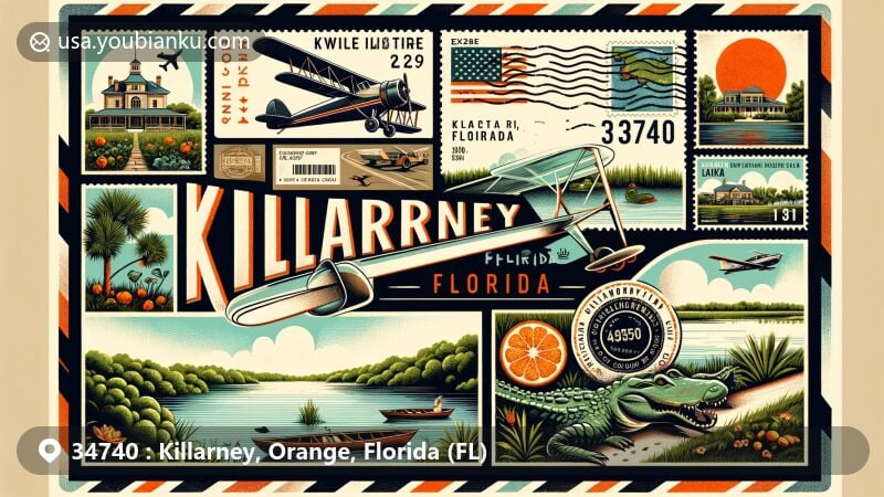 Modern illustration of Killarney, Florida, ZIP code 34740, featuring aviation mail envelope theme and iconic imagery of Lake Killarney, lush landscapes, and local wildlife. State flag of Florida and Orange County outline also included.