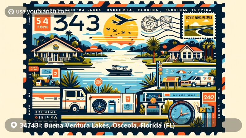 Modern illustration of Buena Ventura Lakes, Osceola County, Florida, capturing postal theme with ZIP code 34743, featuring Osceola Parkway, Florida's Turnpike, and outdoor activities like fishing, camping, and hiking.