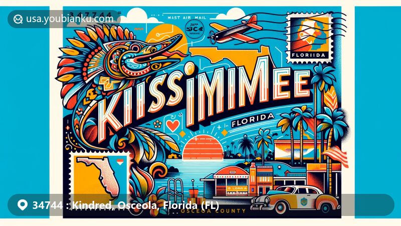 Creative postcard illustration of Kissimmee, Osceola County, Florida, capturing the vibrant Hispanic heritage and community spirit, with elements like palm trees and local landmarks.