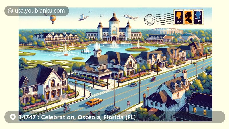 Modern illustration of Celebration, Osceola, Florida, capturing the architectural charm of grand estate-style homes and condos, showcasing landmarks like Celebration Golf Club and ESPN Wide World of Sports Complex.