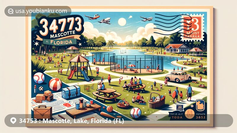Whimsical illustration of Mascotte, Florida, featuring Sunset Lake Park, charming pavilion, lush greenery, serene lake, colorful mailbox with flowers, and ZIP code 34753.