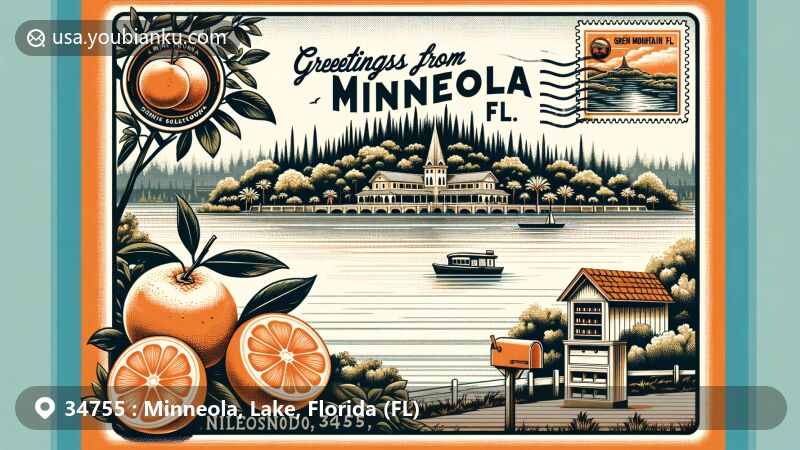 Illustration of Minneola, FL, highlighting Lake Minneola, Green Mountain Scenic Overlook, vintage postcard border, mailbox, Minneola tangelo motif, and 'Greetings from Minneola, FL' text.