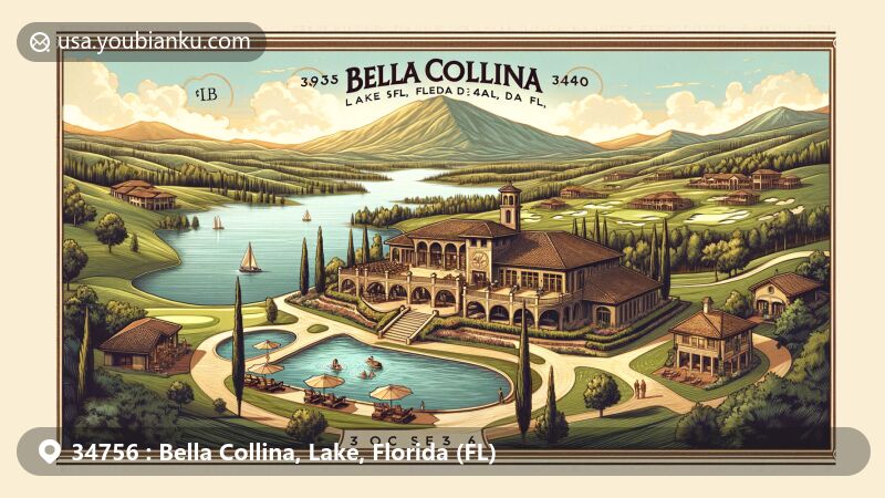 Contemporary illustration of Bella Collina, Lake, Florida, showcasing a beautiful lakeside community with ZIP code 34756, featuring elegant architecture and scenic waterfront views.