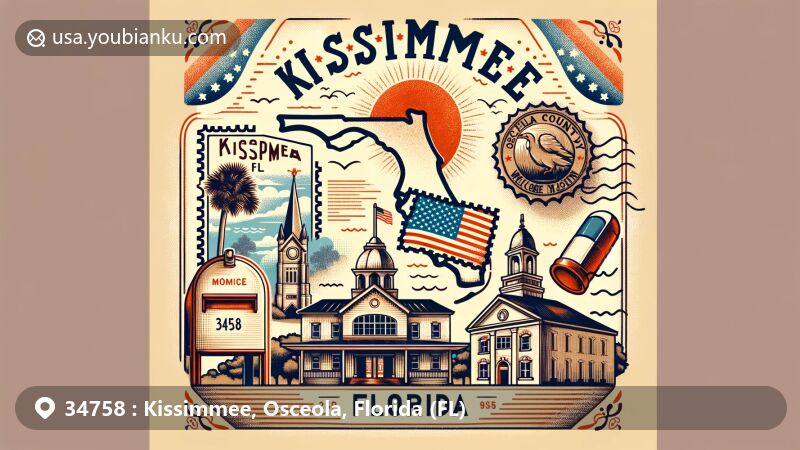 Vintage postcard with Osceola County, FL outline and '34758' ZIP code stamp, featuring classic mailbox and Monument of States in Kissimmee, Florida.