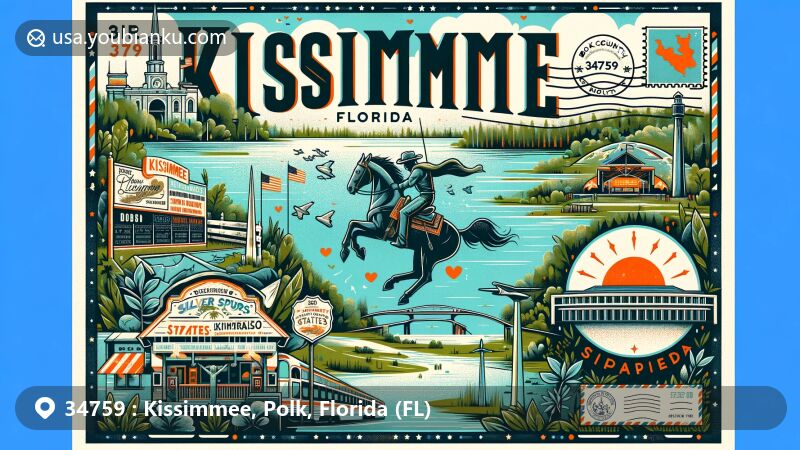 Modern illustration of Kissimmee, Polk County, Florida, showcasing Silver Spurs Rodeo, Bataan-Corregidor Memorial, Monument of States, Lake Tohopekaliga, and flatwoods, with a postal theme featuring ZIP code 34759 and a map outline of Polk County.