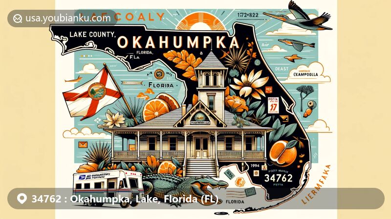 Modern illustration of Okahumpka, Lake County, Florida, featuring the Historic Campbell House, Florida state symbols, and postal theme with ZIP Code 34762.