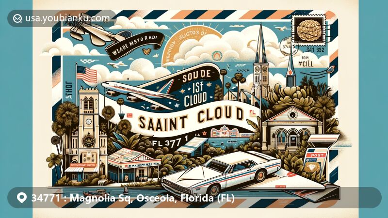 Modern illustration of Saint Cloud, Florida, ZIP code 34771, featuring postal theme with state flag, Osceola County outline, and local landmarks in a vibrant wide format design.