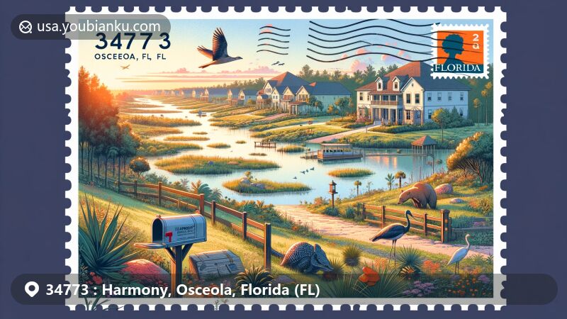 Modern illustration of Harmony, Osceola County, Florida, showcasing green-certified, sustainable community near St. Cloud, emphasizing coexistence with nature and partnership with University of Florida's Department of Wildlife Ecology and Conservation.