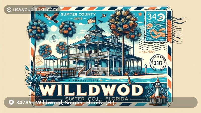 Vintage-style illustration of Wildwood, Sumter County, Florida, resembling a postcard with ZIP code 34785, featuring iconic Baker House and Florida state symbols.