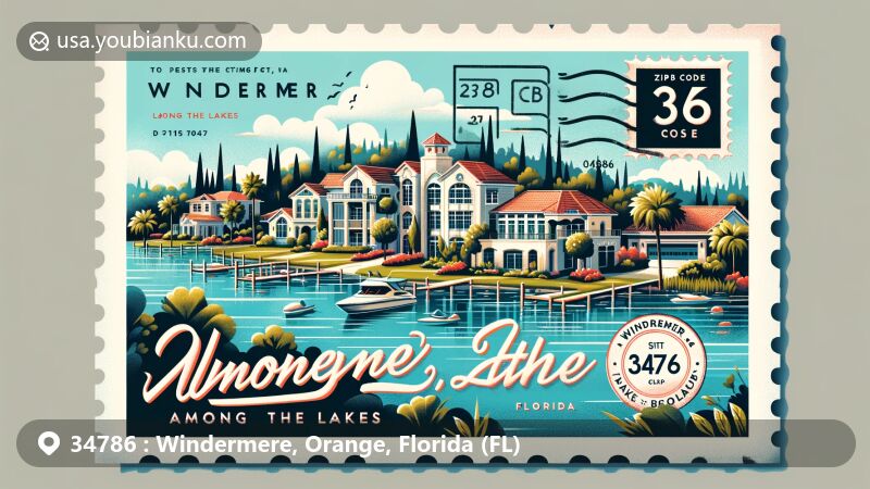 Modern illustration of Windermere, Florida, known as 'Among the Lakes', featuring panoramic views of Lake Butler, Lake Down, and Lake Bessie, highlighting ZIP code 34786 with postal elements and luxurious lake-front property imagery.