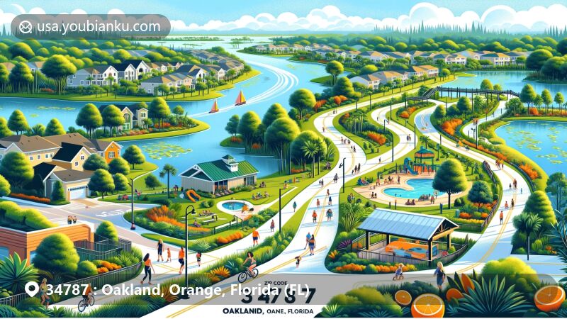 Modern illustration of Oakland, Orange, Florida area with ZIP code 34787, highlighting West Orange Trail connecting Oakland and Winter Garden, featuring people biking and jogging in lush greenery and Lake Apopka with vibrant shoreline and landscapes.