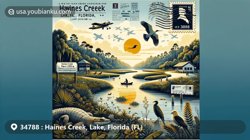 Tranquil illustration of Haines Creek area, Lake County, Florida, featuring ZIP code 34788, showcasing clear streams of Haynes Creek Preserve, lush vegetation, and local wildlife, blending natural beauty with postal theme.