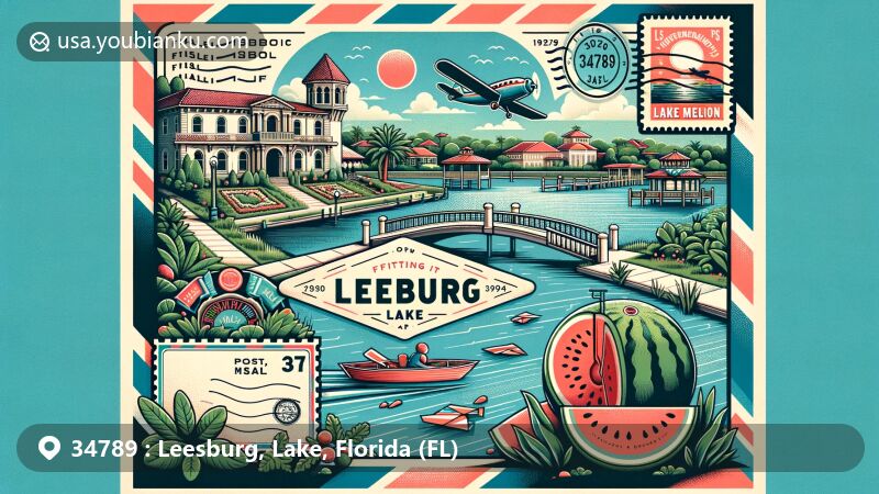 Modern illustration of Leesburg, Lake, Florida, highlighting Venetian Gardens, Lake Harris, and the watermelon festival, embracing the postal theme with vintage air mail envelope design and a postal airplane.