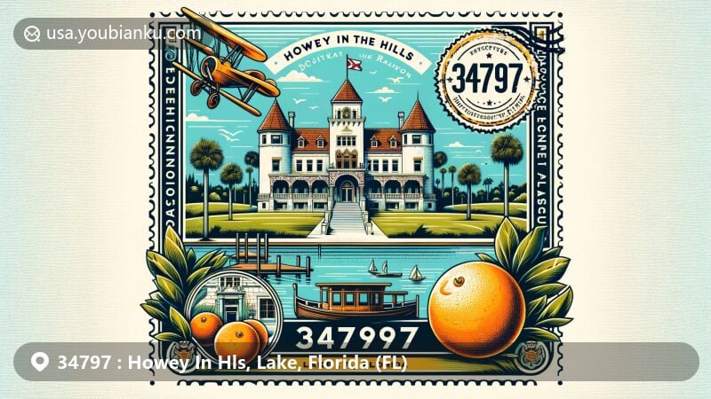 Modern illustration of Howey In The Hills, Lake, Florida, featuring Howey Mansion, Mission Inn Resort & Club, vintage postal elements, and scenic Lake County landscape with Lake Harris.