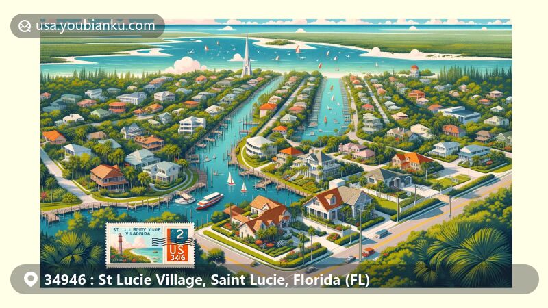 Modern illustration of St. Lucie Village, ZIP code 34946, in Florida, showcasing postal theme with vintage postcard layout and old-fashioned postal stamps, highlighting historic homes and lush natural surroundings.