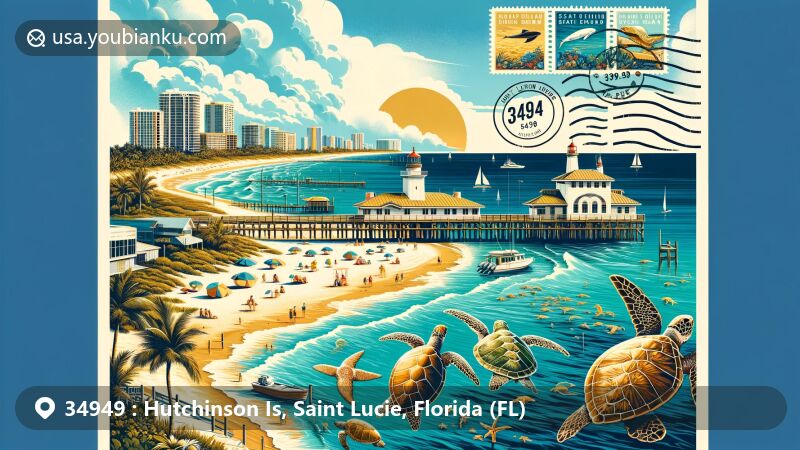 Modern illustration of Hutchinson Island, Saint Lucie County, Florida, in postcard style featuring golden beaches, House of Refuge, nesting sea turtles, vintage stamp with ZIP code 34949, and postmark.