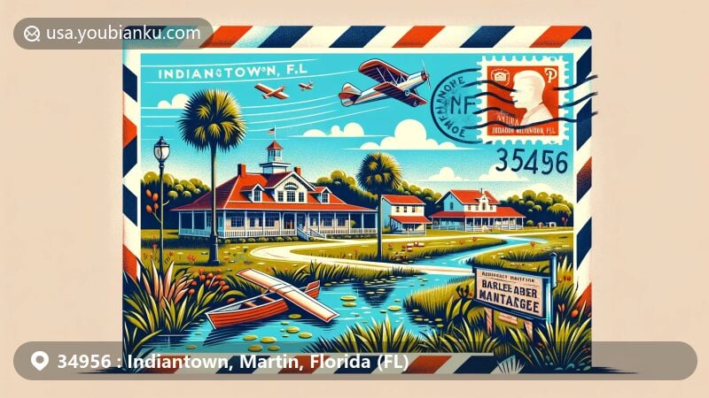 Modern illustration of Indiantown, Florida, showcasing postal theme with ZIP code 34956, featuring Seminole Inn and Barley Barber Swamp, with airmail elements.