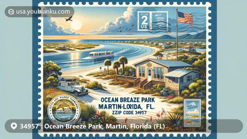 Modern illustration of Ocean Breeze Park, Martin, Florida, featuring Indian River and unique mobile home park lifestyle with historical and mayoral references, set against vibrant Florida natural backdrop and postal theme with ZIP code 34957.