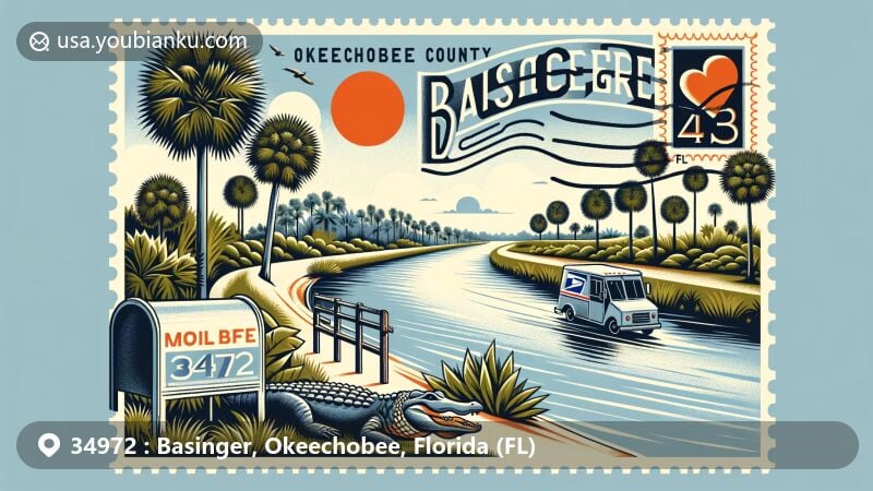 Modern illustration of Basinger area, Okeechobee County, Florida, showcasing ZIP code 34972, featuring Kissimmee River, palm trees, Florida alligator, American mailbox, and mail van.