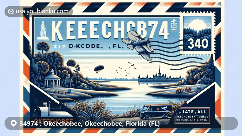 Modern illustration of ZIP code 34974 area in Okeechobee, Florida, featuring Lake Okeechobee, Okeechobee Battlefield Historic State Park, airmail envelope design, postage stamp, and postmark.